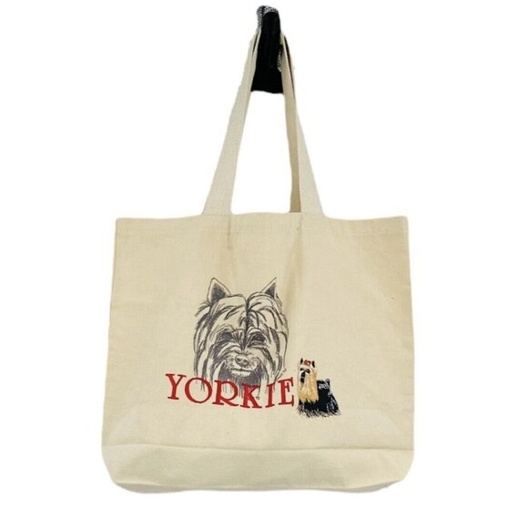 Handmade Embroidered Yorkie Yorkshire Terrier Dog Breed Tote Bag Natural Canvas - Picture 1 of 8